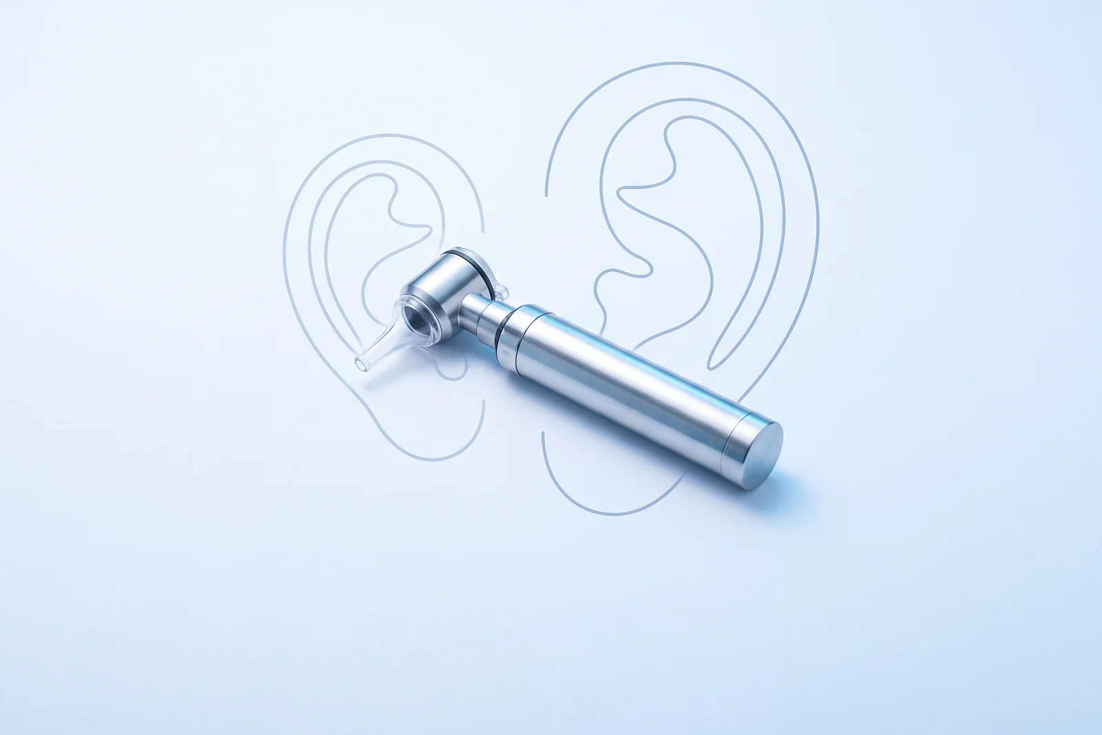 A steel otoscope, with two line-drawn ears behind it, one adult-sized and one small