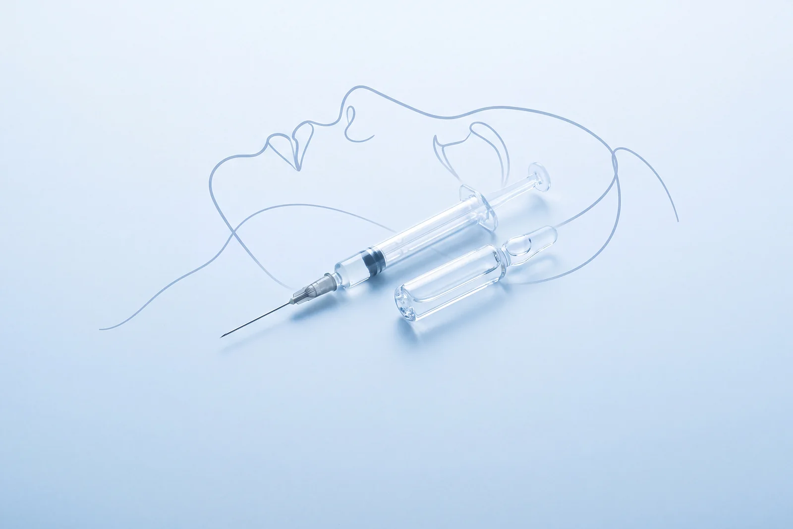 A fine syringe, with a line-drawn face in profile behind it